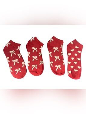 Red Ankle Socks Set with Cream Bows and Hearts